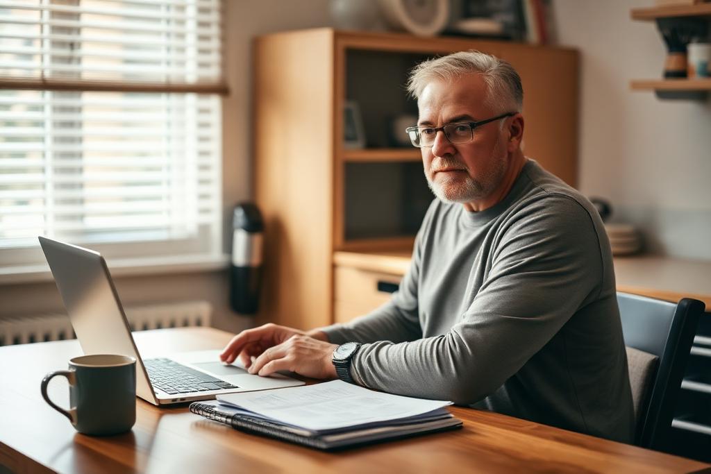 Adult man taking the online competency assessment from home on a laptop